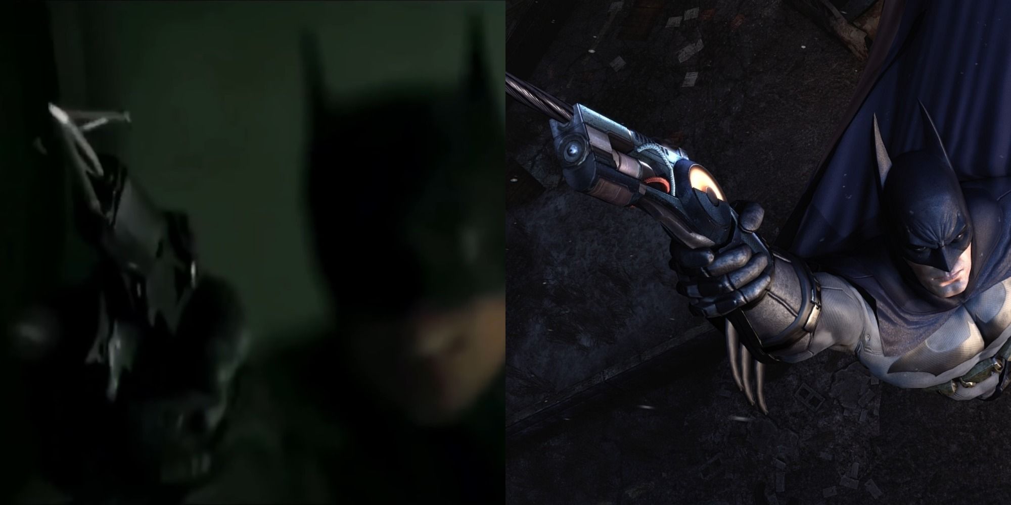 Split image of Batman aiming his grapple gun in The Batman 2022 and Batman Arkham City