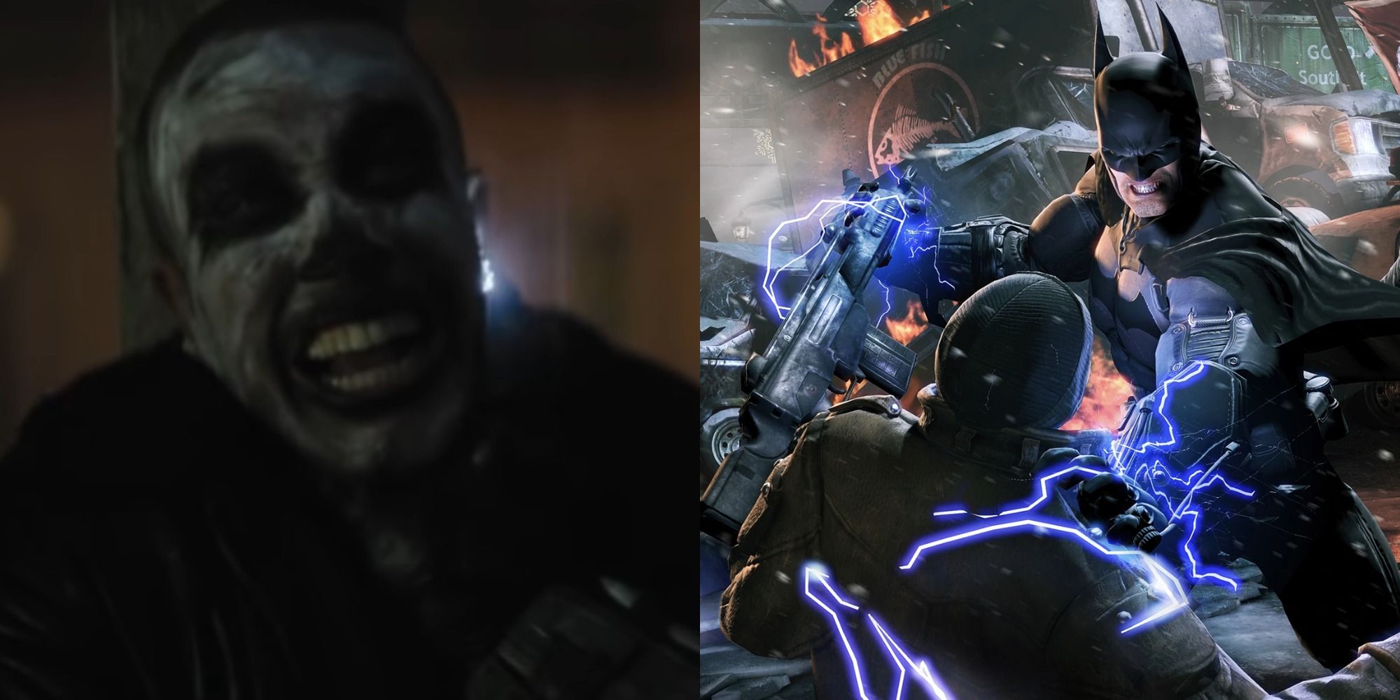 Split image of Batman electrocuting a thug with shock gloves in both The Batman 2022 and Batman Arkham Origins
