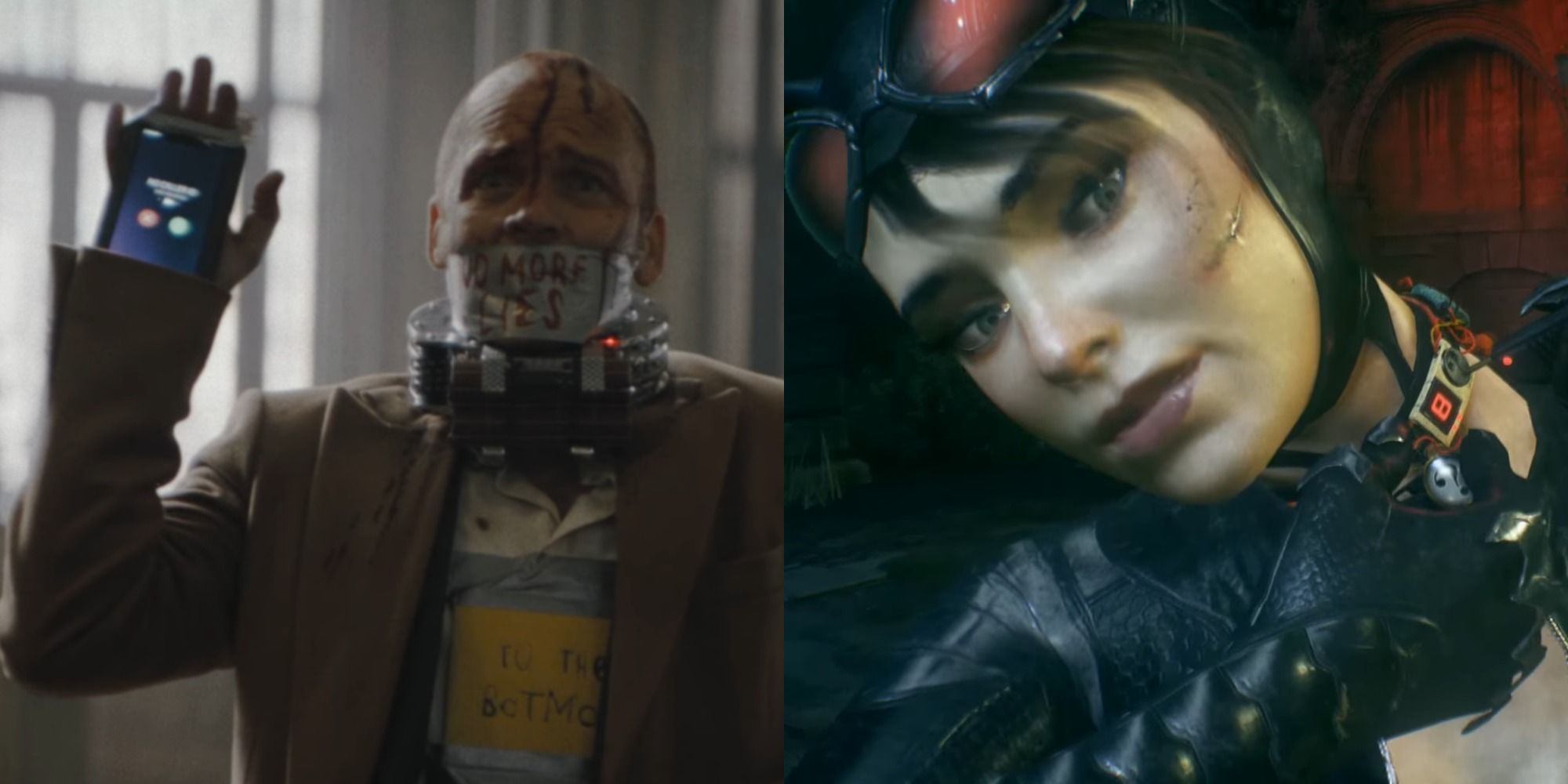 Split image of Gil Colson wearing a bomb collar in The Batman and Catwoman wearing a bomb collar in Batman Arkham Knight