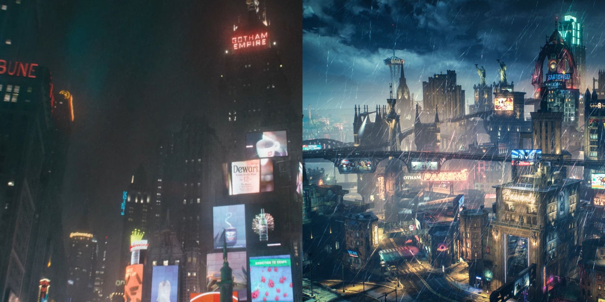 Split image of Gotham City in The Batman 2022 and Batman Arkham Knight