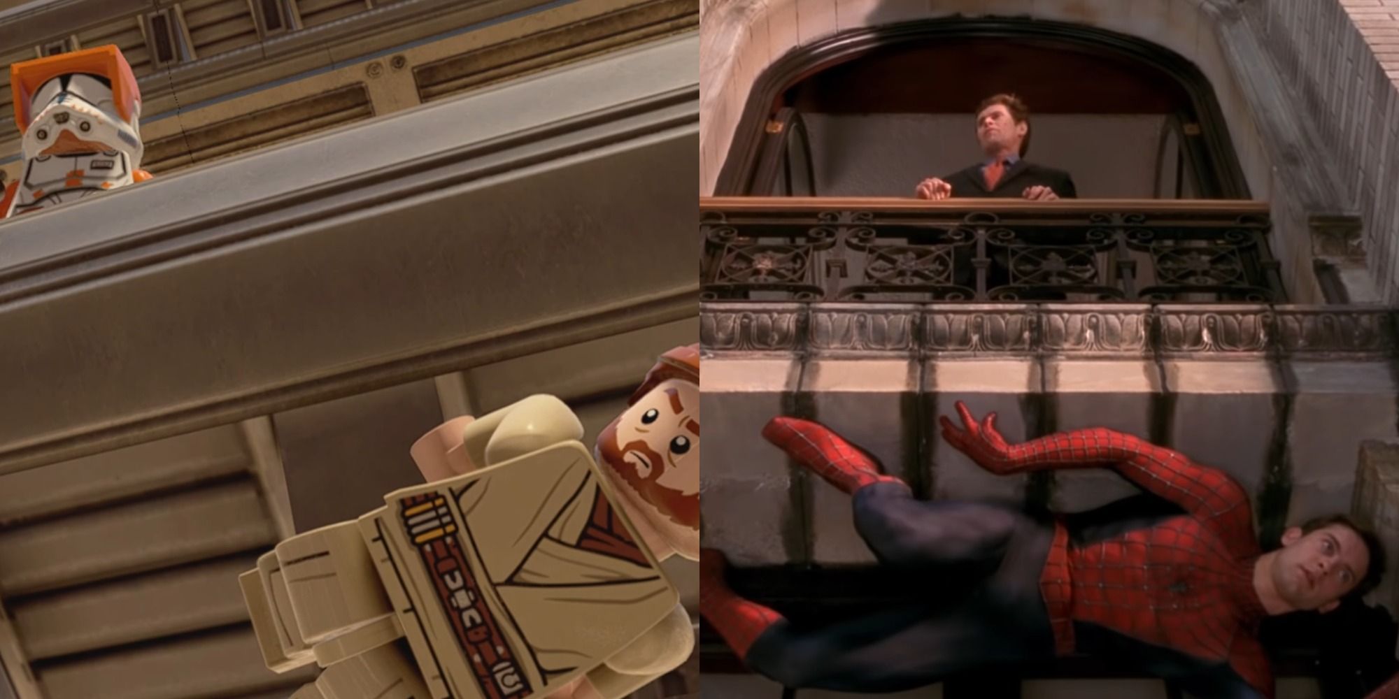 Split image of Obi Wan hiding from Commander Cody in LEGO Star Wars The Skywalker Saga and Spider Man hiding from Norman Osborn in Spider Man 2002