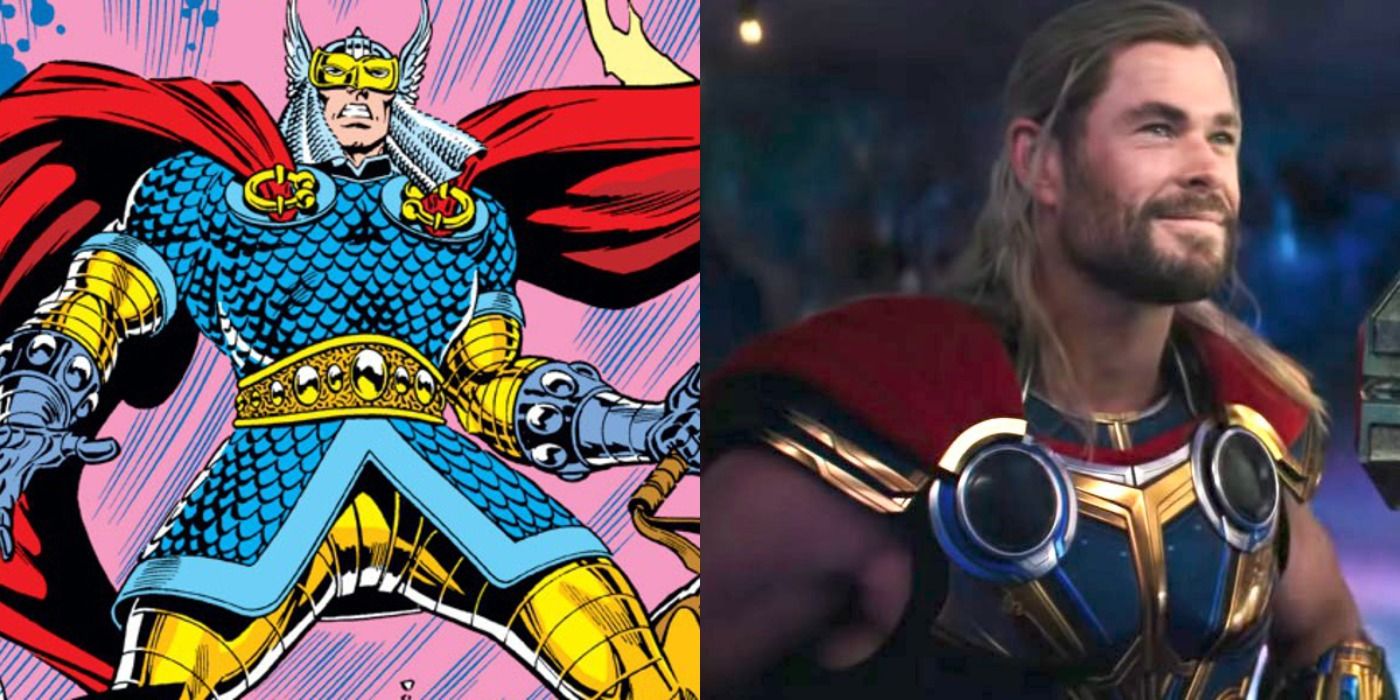 Split image of Thor in blue and gold armor from Marvel Comics and the MCU.
