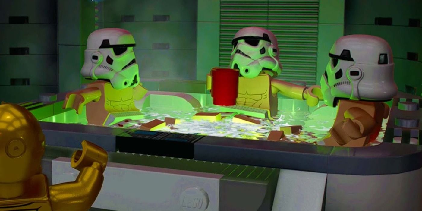 Stormtroopers in a hot tub in LEGO Star Wars The Skywalker Saga
