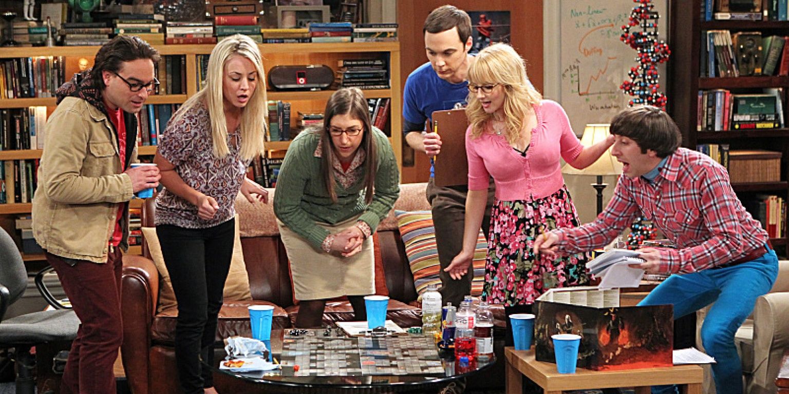 The gang playing a board game in The Big Bang Theory Cropped
