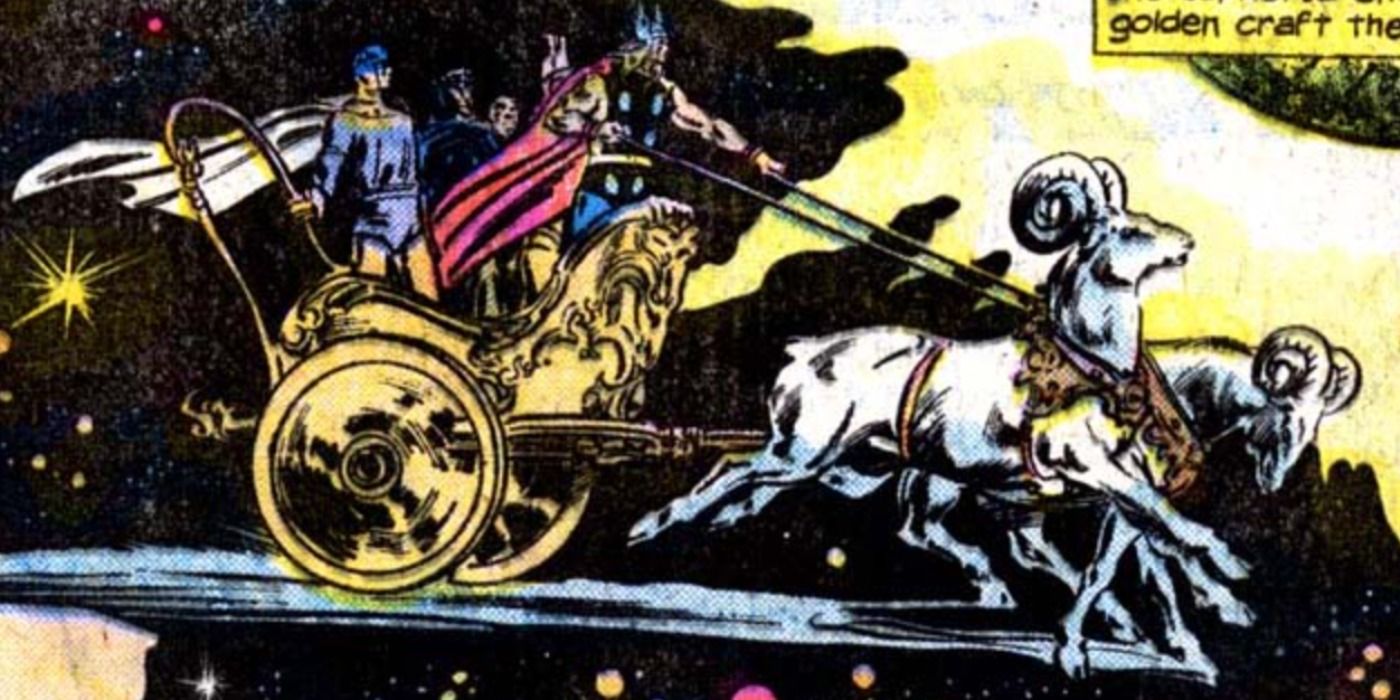 Thor rides his magical chariot in Marvel Comics.