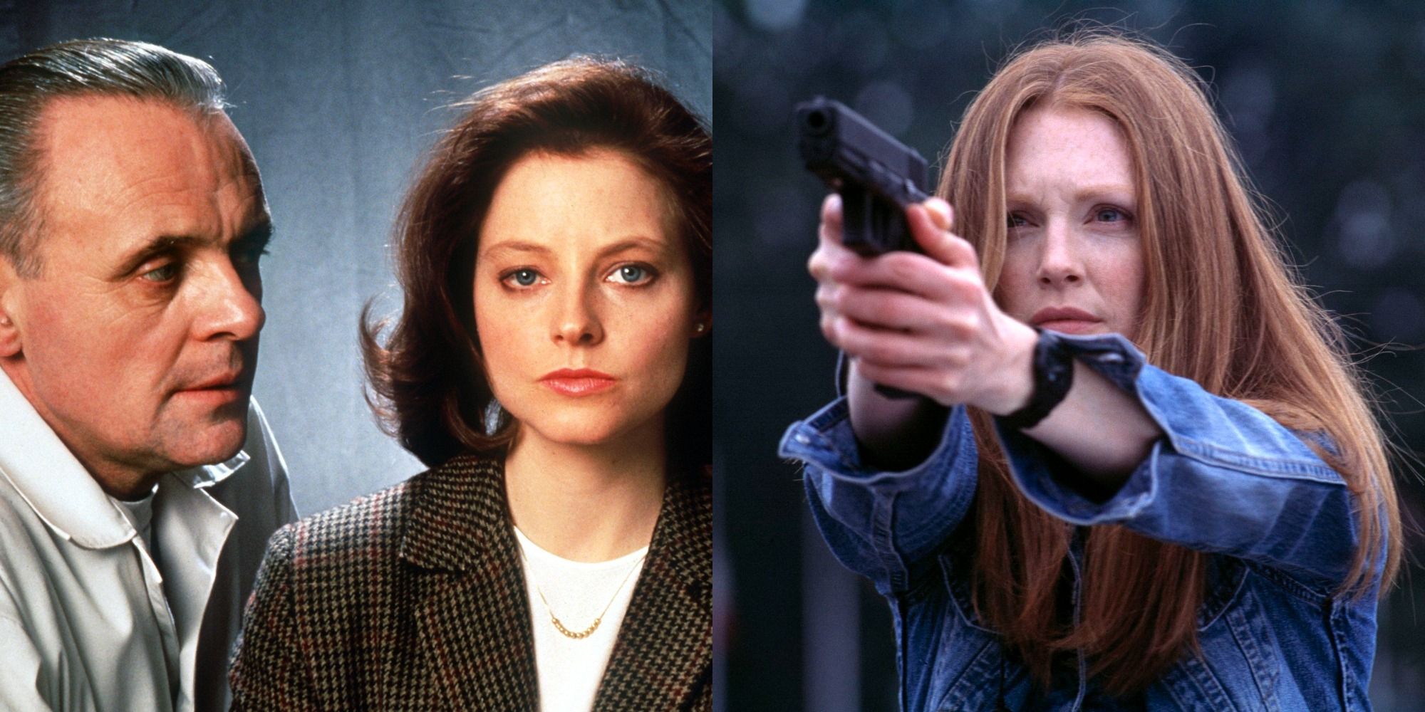 side by side images of Anthony Hopkins Jodie Foster and Julianne Moore in the Hannibal Lecter films