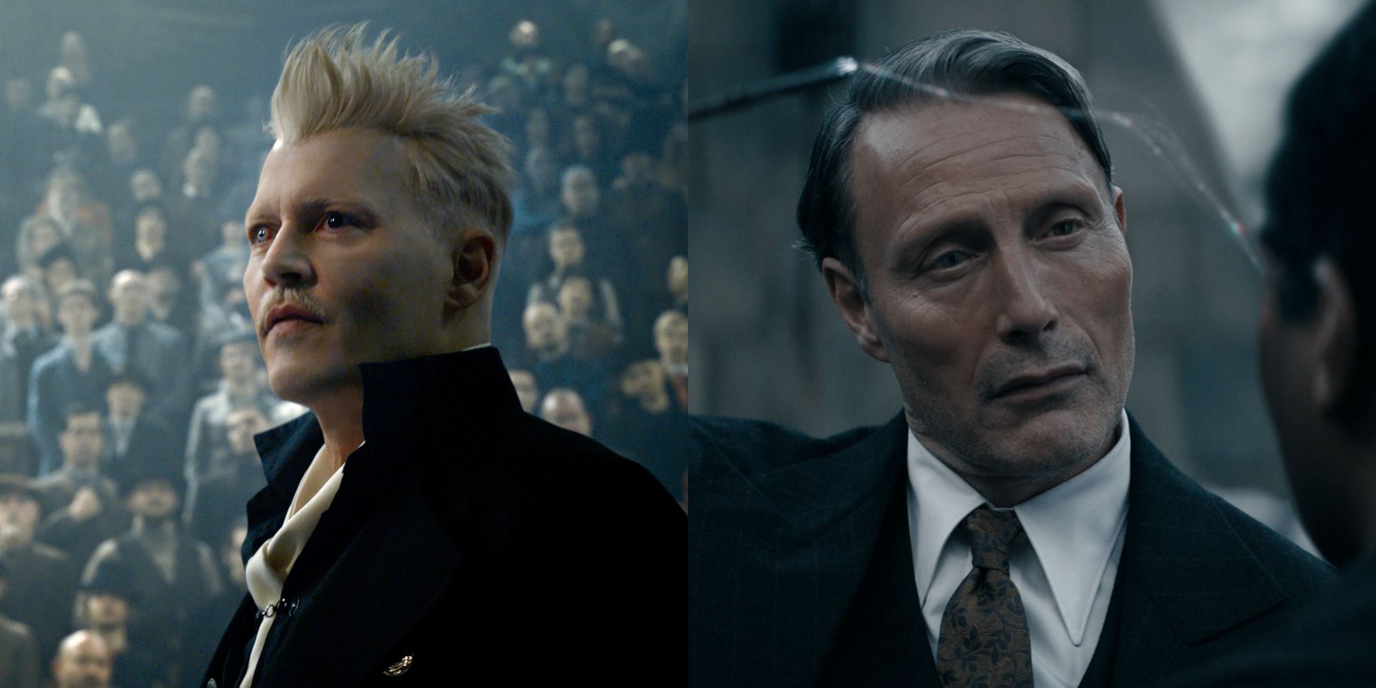 side by side images of Johnny Depp and Mads Mikkelsen as Grindelwald in the Fantastic Beasts films