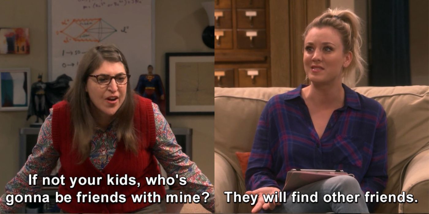 A split image of Amy and Penny talking about kids on TBBT