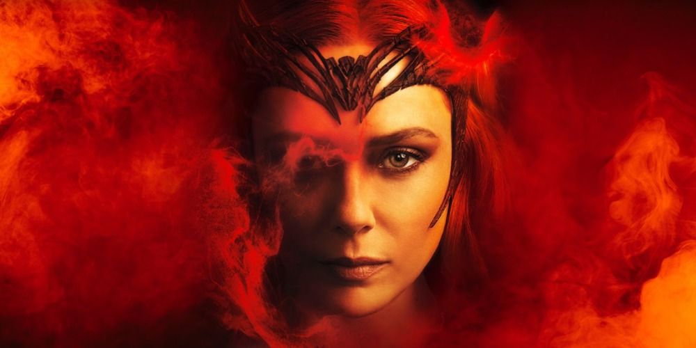 An image of Scarlet Witchs face hiding in the red mist in a Doctor Strange 2 poster