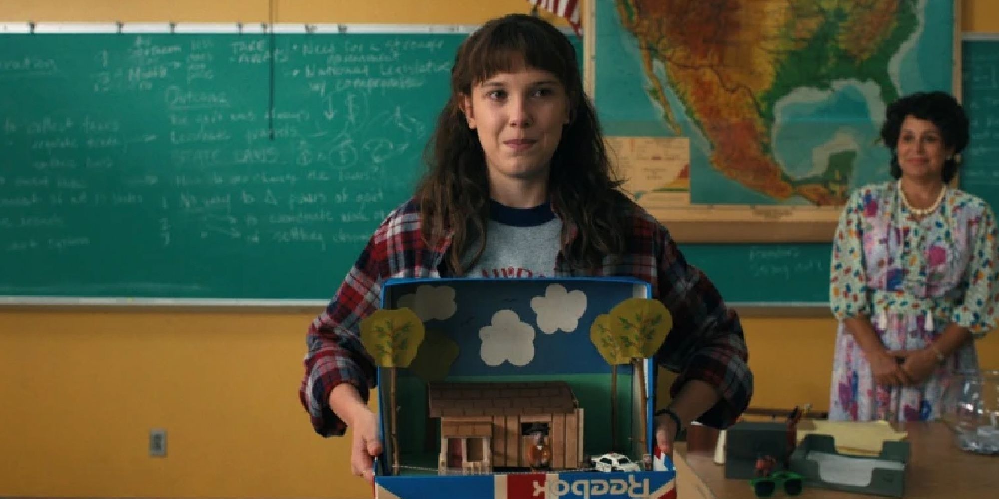 Eleven showing the class her diorama in Stranger Things season 4