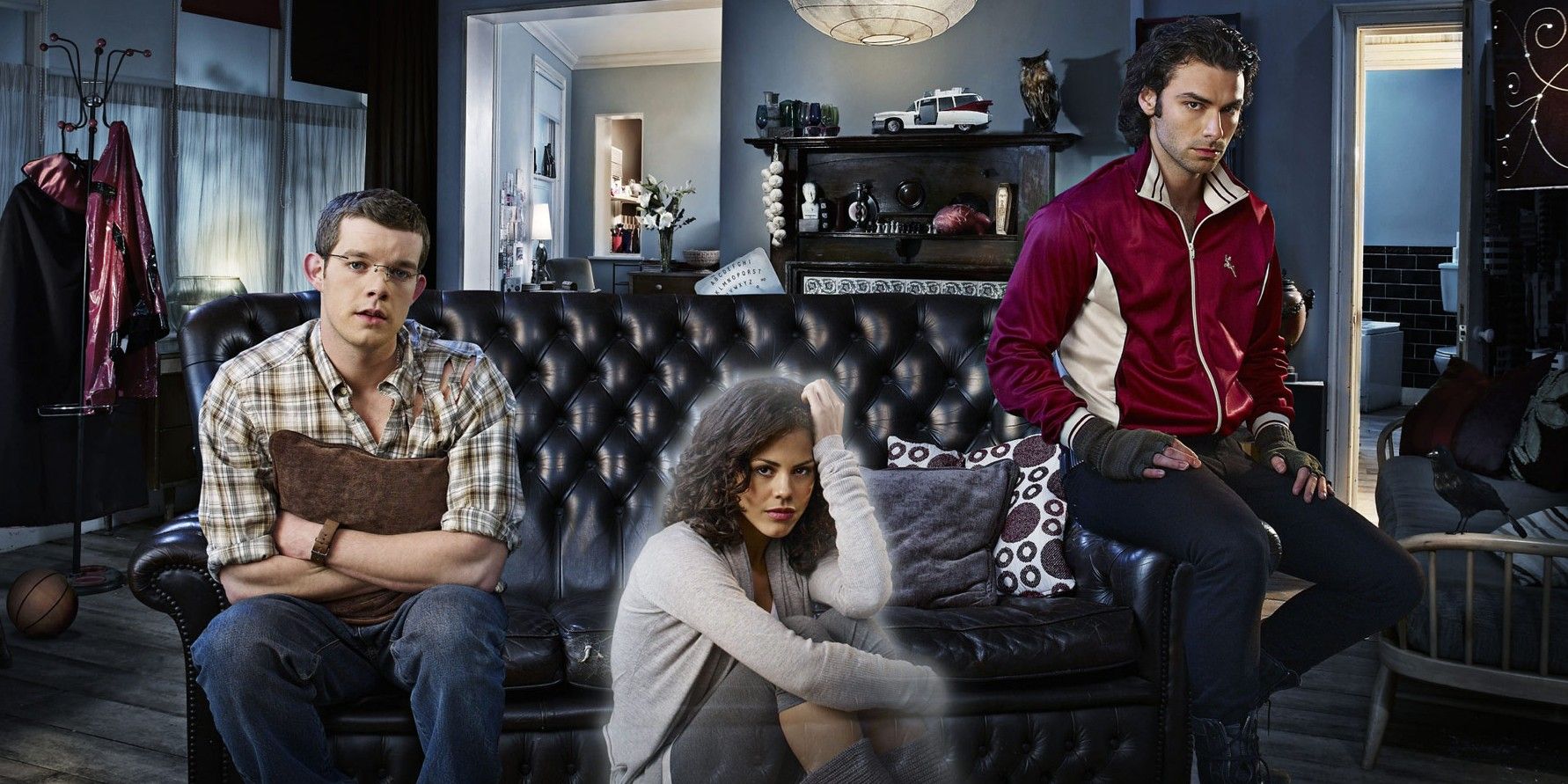 George Annie and Mitchell sitting in their apartment on the set of Being Human