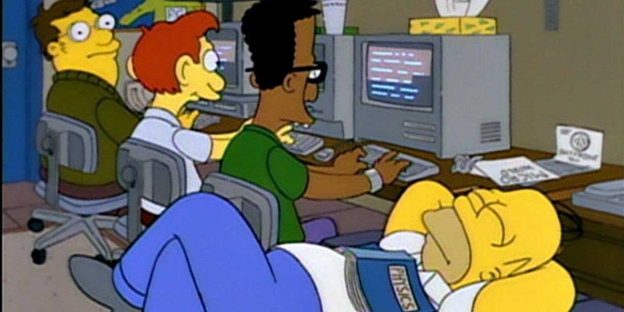 Homer hangs out with his nerdy friends in The Simpsons