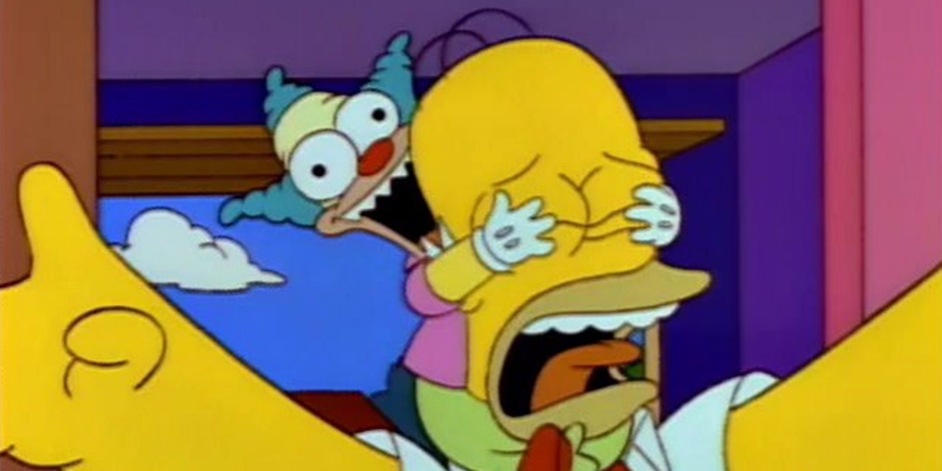 Homer is attacked by an evil Krusty doll in The Simpsons