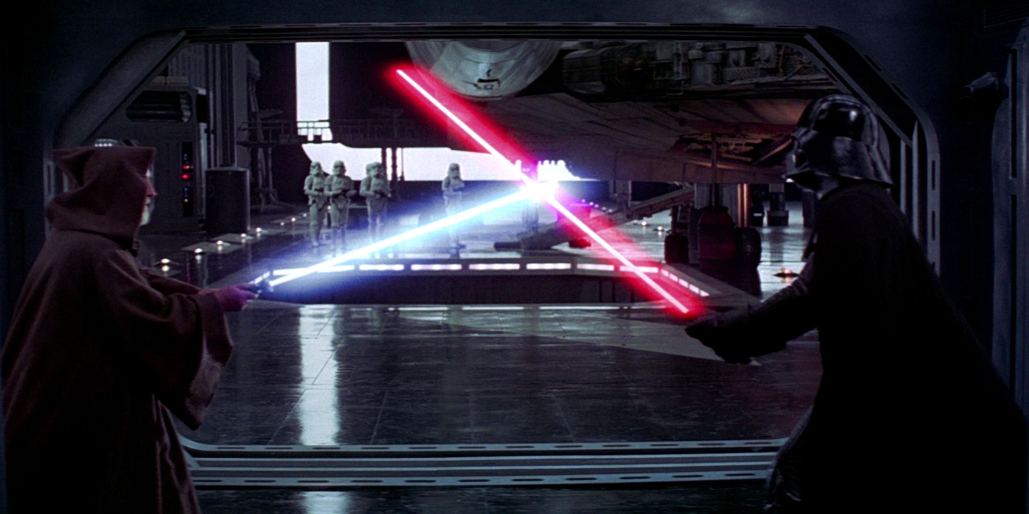 Obi Wan Kenobi and Darth Vader fighting on the Death Star with Vader using his dual phase lightsaber in A New Hope