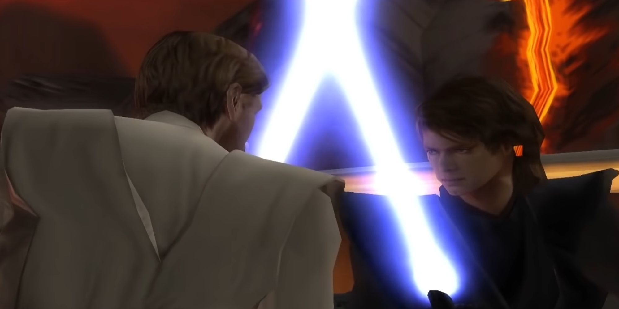 Obi Wan Kenobi fighting Anakin Skywalker on Mustafar in the Revenge Of The Sith game