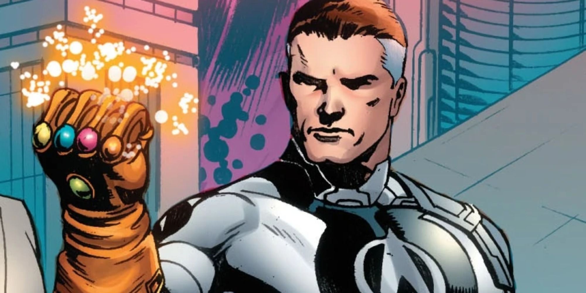 Reed Richards Alpha wields the Infinity Gauntlet in Marvel Comics.
