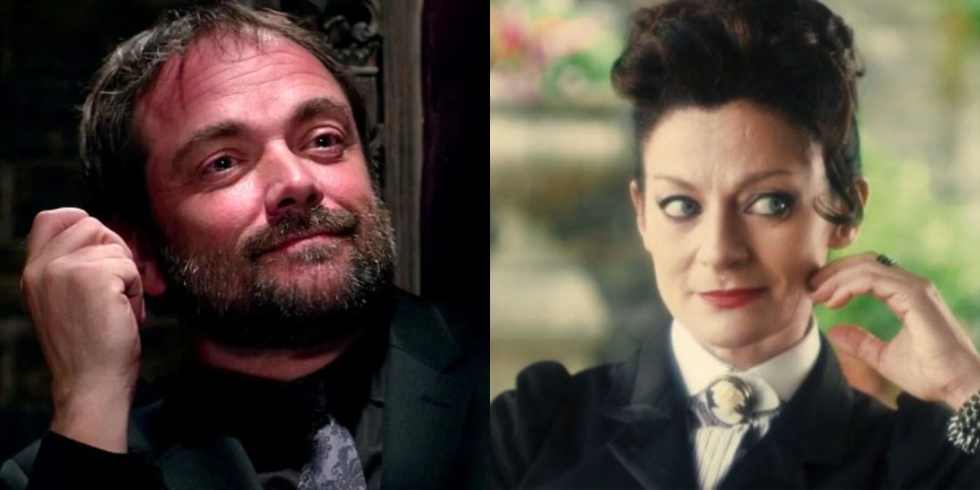Split images of Crowley in Supernatural and Missy in Doctor Who
