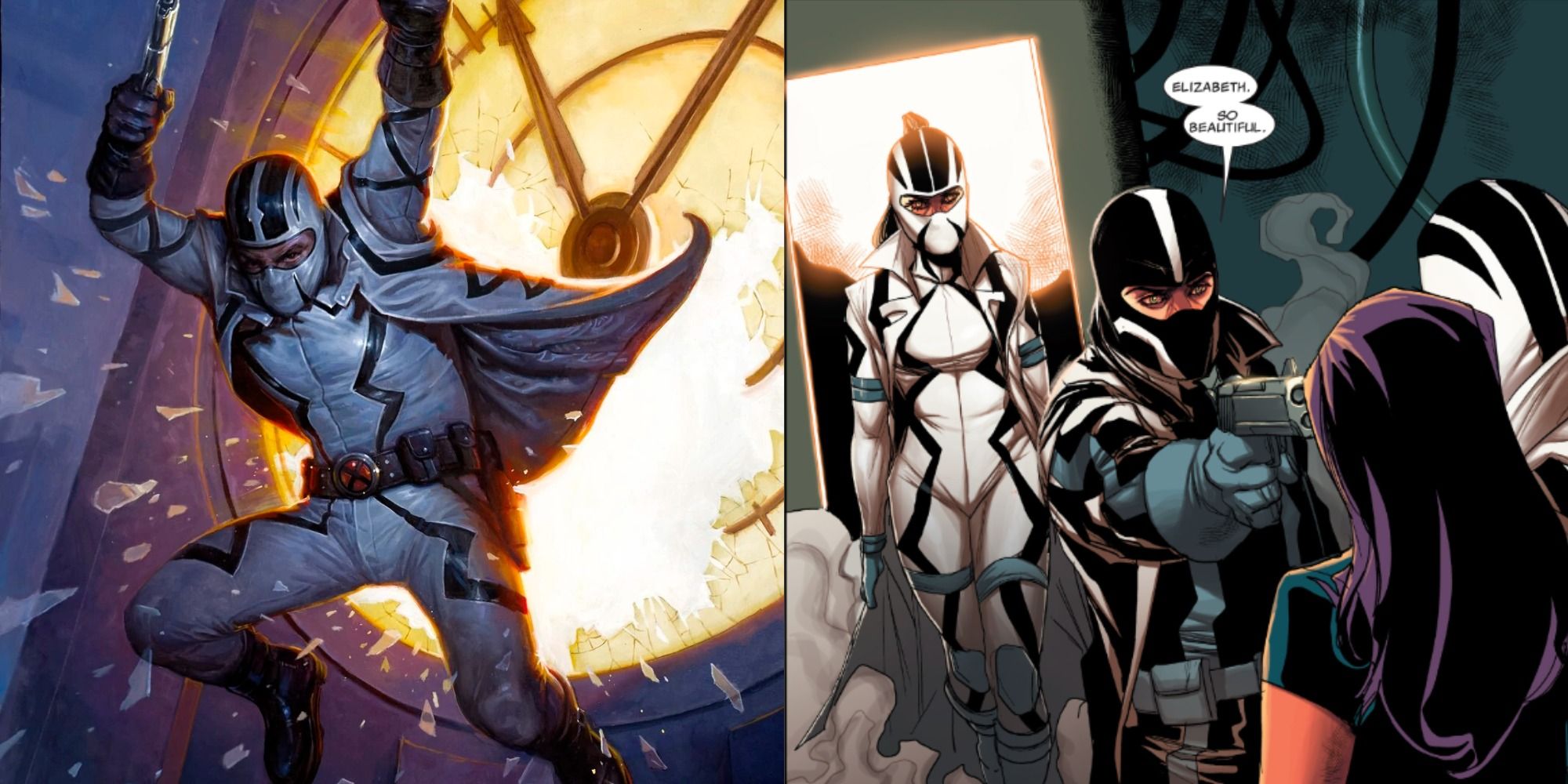 side by side images of Fantomex and his clones Lady Fantomex and Dark