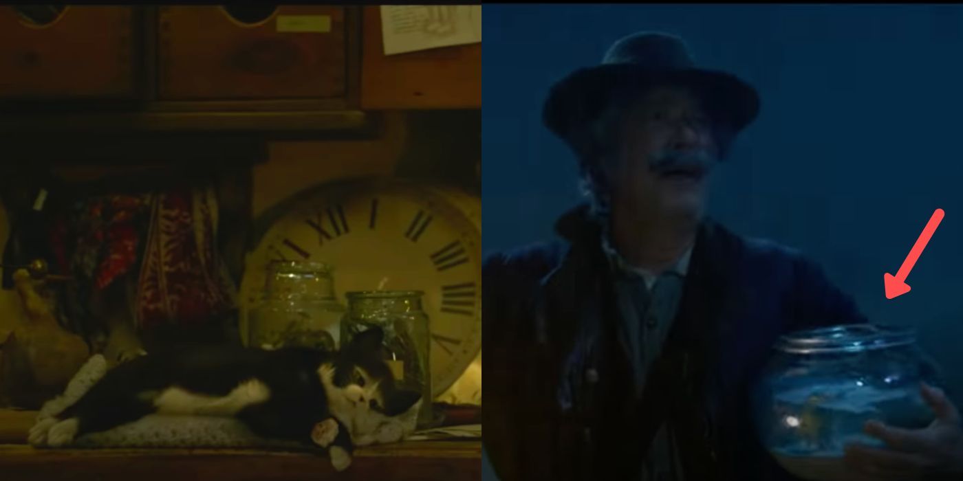 A split image of the live action Figaro and Cleo from Pinnochio