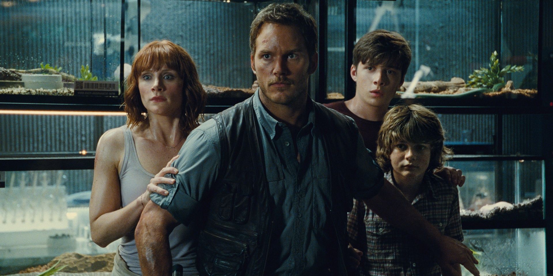 Owen protecting Claire and the kids in Jurassic World Cropped